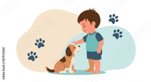 Cute illustration of a child petting a dog, symbolizing friendship and love for pets