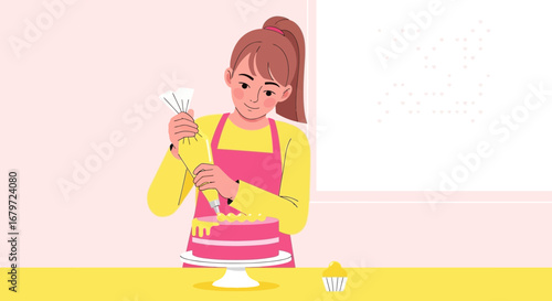 Creating A Colorful Cake With Piping Bag And The Joy Of Baking In The Kitchen