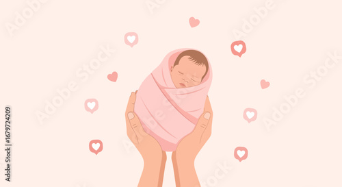 Cute illustration of a newborn baby swaddled lovingly in parents' hands with love hearts