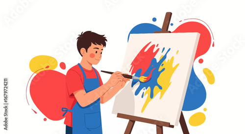 Creative Boy Painting Colorful Art With Brush, Easel Presenting Vibrant Splashes, Illustration