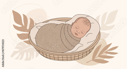 Cute illustration of a sleeping baby in a basket with leaves and a neutral background