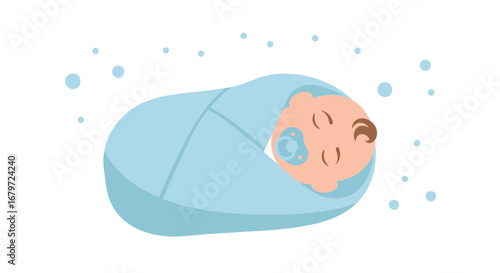 Cute illustration of a newborn baby wrapped in a blue blanket with a pacifier
