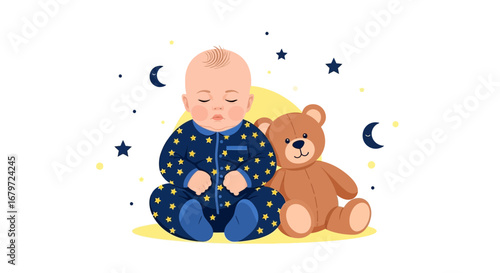 Cute illustration of a sleeping baby with a teddy bear and night sky elements