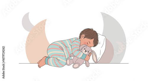 Cute illustration of a sleeping child with a toy bunny, resting on a pillow
