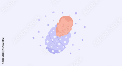 Cute illustration of a sleeping baby wrapped, with stars in a soft background