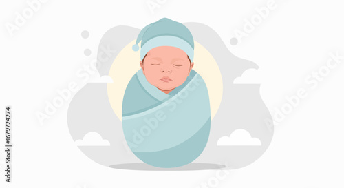 Cute illustration of a sleeping newborn baby wrapped in a blue blanket