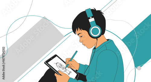 Creative Child Listening To Music While Sketching On Tablet With Stylus