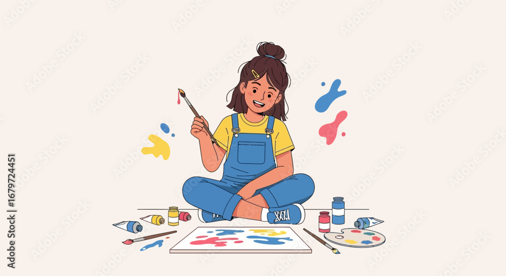 Fototapeta premium Creative Girl Painting, Artistic Inspiration for Children and Joyful Artwork, Illustration