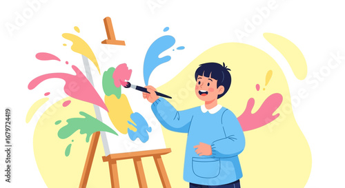 Creative Endeavor: Young Artist Painting a Colorful Masterpiece on an Easel