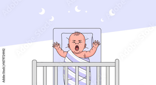Cute infant yawning showing tiredness while in crib, night concept and moon background