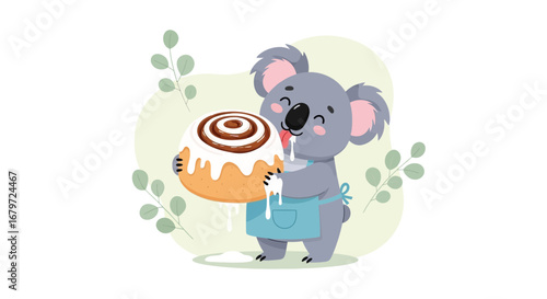 Cute koala bear with cinnamon roll with icing or frosting, food and pastry art and illustration