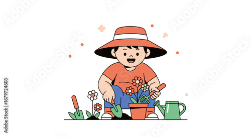 Cute little gardener cartoon character planting flowers with tools in the garden scene