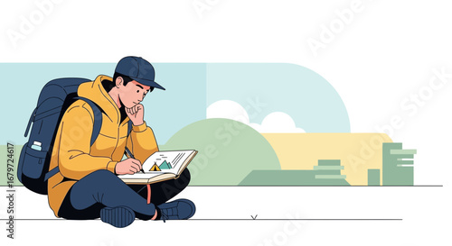 Creative Traveler Sketches Journey, Documenting A Moment, Recording A Thought Process, Planning A