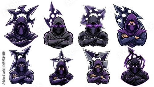 Purple Ninja Assassin Esports Mascot Logo Set Vector, Hooded Masked Characters with Shuriken, Arms Crossed, Neon Eyes, Gaming Emblem Badges, Isolated on White