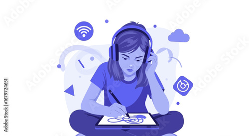 Creative Woman Drawing on Tablet with Headphones Connected to Wifi Network at Home.