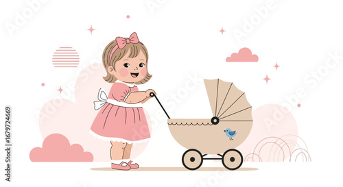 Cute little girl pushing a baby stroller in a sweet and innocent illustration