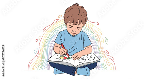 Creative Young Artist: Colorful Illustration of Boy Drawing with Markers and Artwork