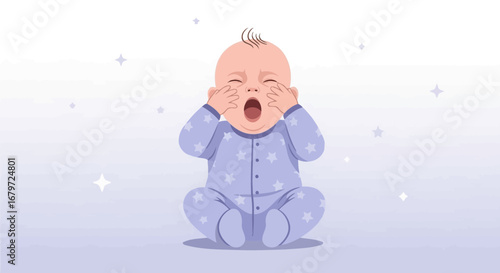 Cute sleepy baby in pajamas yawning widely with stars in the background illustration