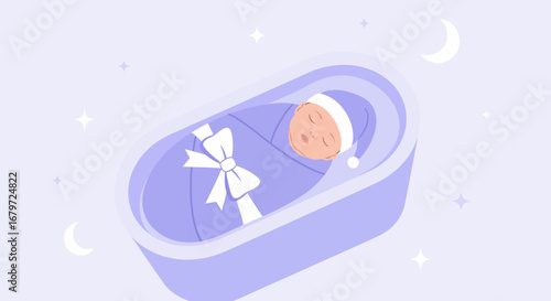 Cute sleeping baby in a purple bassinet with a bow illustration
