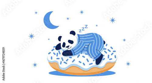 Cute Panda in Pajamas Sleeping on a Donut with Moon and Stars Vector Illustration
