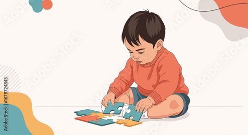 Cute Toddler Assembling Jigsaw Pieces Illustrating Early Childhood Development And Learning