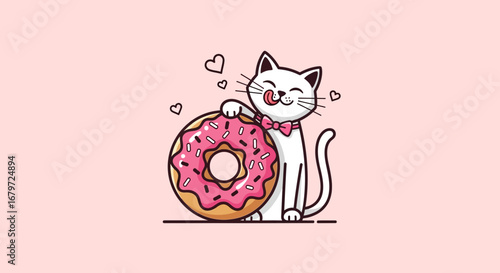 Cute white cat enjoying a delicious pink donut with hearts on a pastel pink background