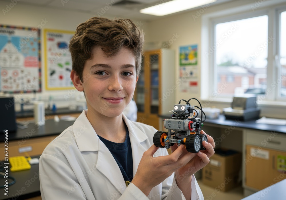 Naklejka premium A young boy proudly displays a robot in a lab coat within a science classroom environment.