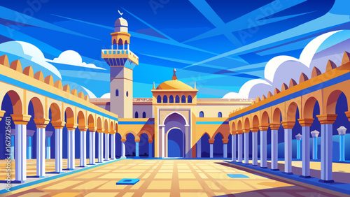 Kairouan Great Mosque, Tunisia, stands with massive courtyard, square minaret, and endless colonnades. Clear blue sky, sunlit arcs; semi-realistic flat vector capturing order, symmetry, and refined 