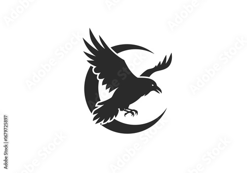 Raven Silhouette Flying Before Crescent Moon Symbol.