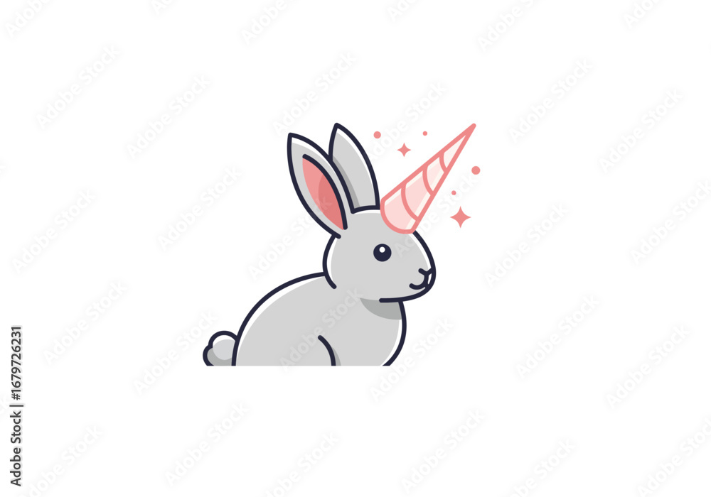 Fototapeta premium Cute Rabbit Unicorn Cartoon Illustration on White Background.