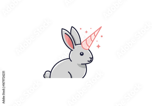 Cute Rabbit Unicorn Cartoon Illustration on White Background.