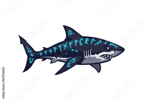 Viking Rune Shark Illustration: Norse Mythology Meets Marine Predator.