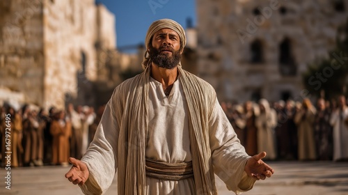 Prophet Jeremiah stands boldly in the temple, arm raised with fiery conviction, confronting defiant priests as shocked worshippers look on, embodying truth, courage, and divine warning.
