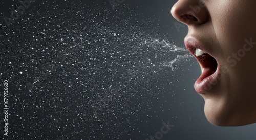 Dramatic close-up of a sneeze expelling a cloud of illuminated respiratory droplets, visualizing airborne viral transmission.
