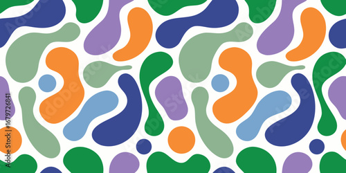 Abstract organic shapes in a repeating pattern with vibrant colors and a modern retro feel