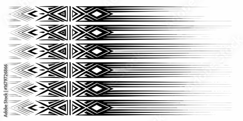 Abstract geometric tribal pattern with sharp lines and diamond shapes in black and white