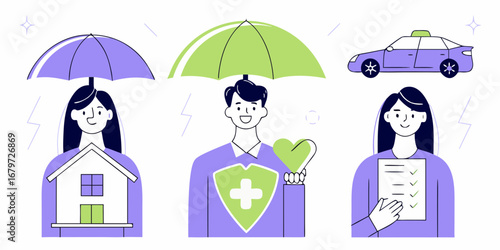 Diverse people protected by umbrellas representing different insurance types like home health and car