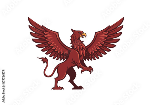 Red Griffin with Spread Wings Illustration.