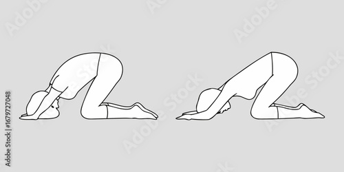 Two simple line drawings of a person performing the yoga pose balasana or child s pose