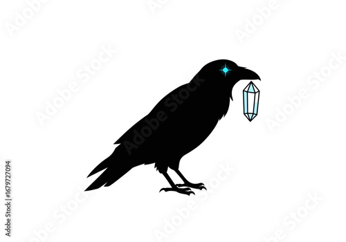 Raven Silhouette with Crystal: Mystical Bird Design.