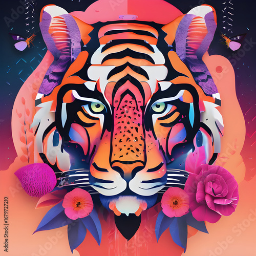 Wallpaper Mural A vibrant surreal nature vector illustration blending realistic animals and blooming flowers with bold minimalism, gradient textures, and futuristic AI-inspired geometric patterns Torontodigital.ca