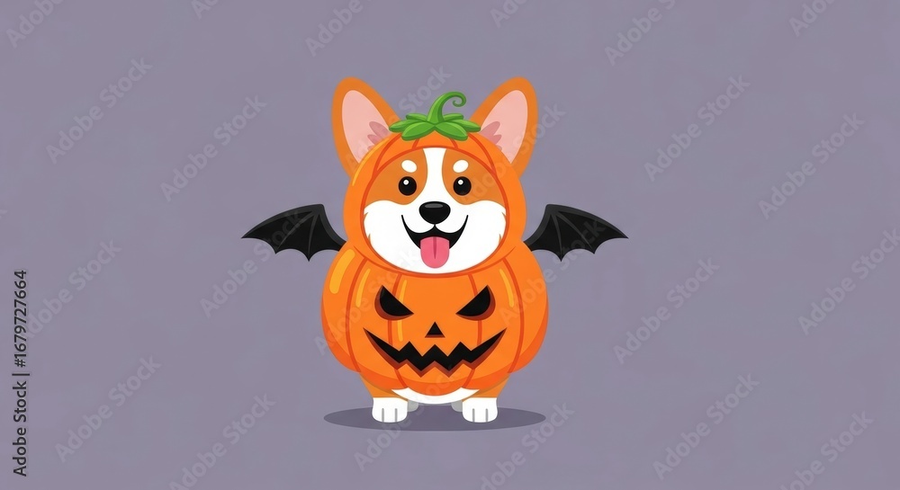 Fototapeta premium Cute Corgi Dog in an Orange Pumpkin Jack O Lantern Costume with Bat Wings