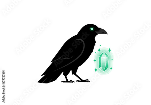 Raven Guarding a Glowing Green Crystal.