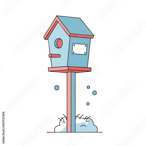 A charming blue birdhouse on a pink pole with a white sign.