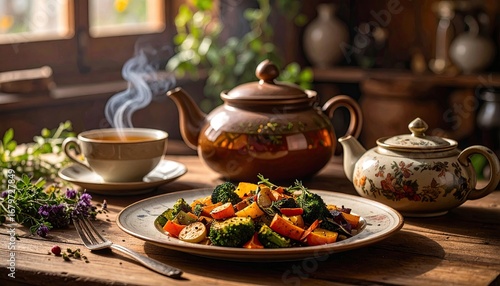 Peaceful Moment Sipping Tea After a Healthy Meal