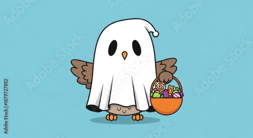 Cute Cartoon Owl Wearing a Ghost Costume Holding a Candy Basket for Halloween on a Blue Background