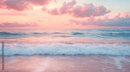Fototapeta Naklejka Na Ścianę i Meble -  Soft pink sunset illuminating ocean waves, creating a textured beach landscape at dusk