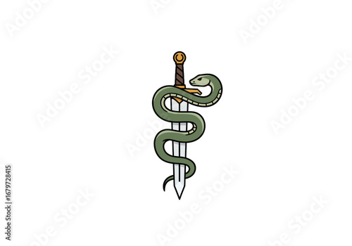 Snake and Sword Illustration: Symbol of Power and Healing.