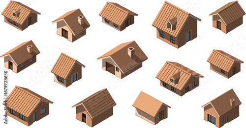Collection of isometric wooden houses on a white background