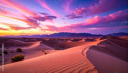 Pink and Purple Sunset Over Minimalist Desert Sand Dunes